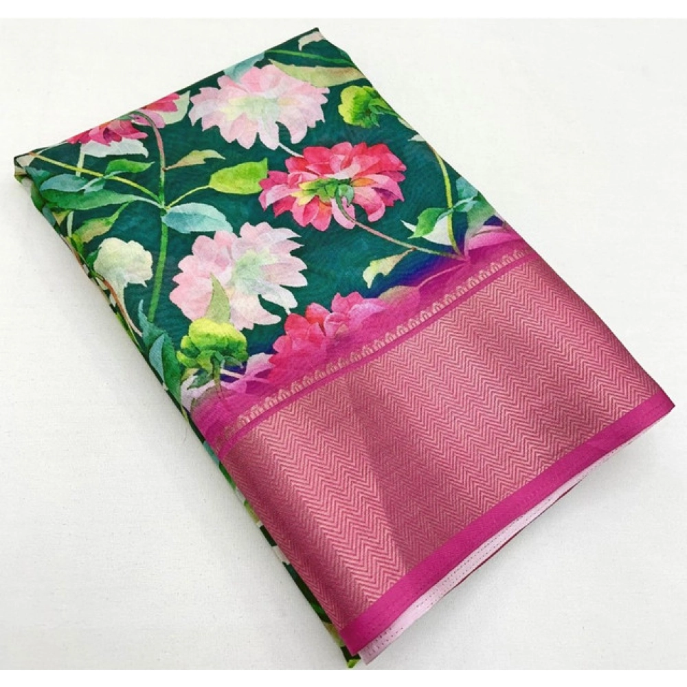 Women's Cotton Silk Floral Printed Saree With Unstitched Blouse 5.5Mtr (Green) - Image 5