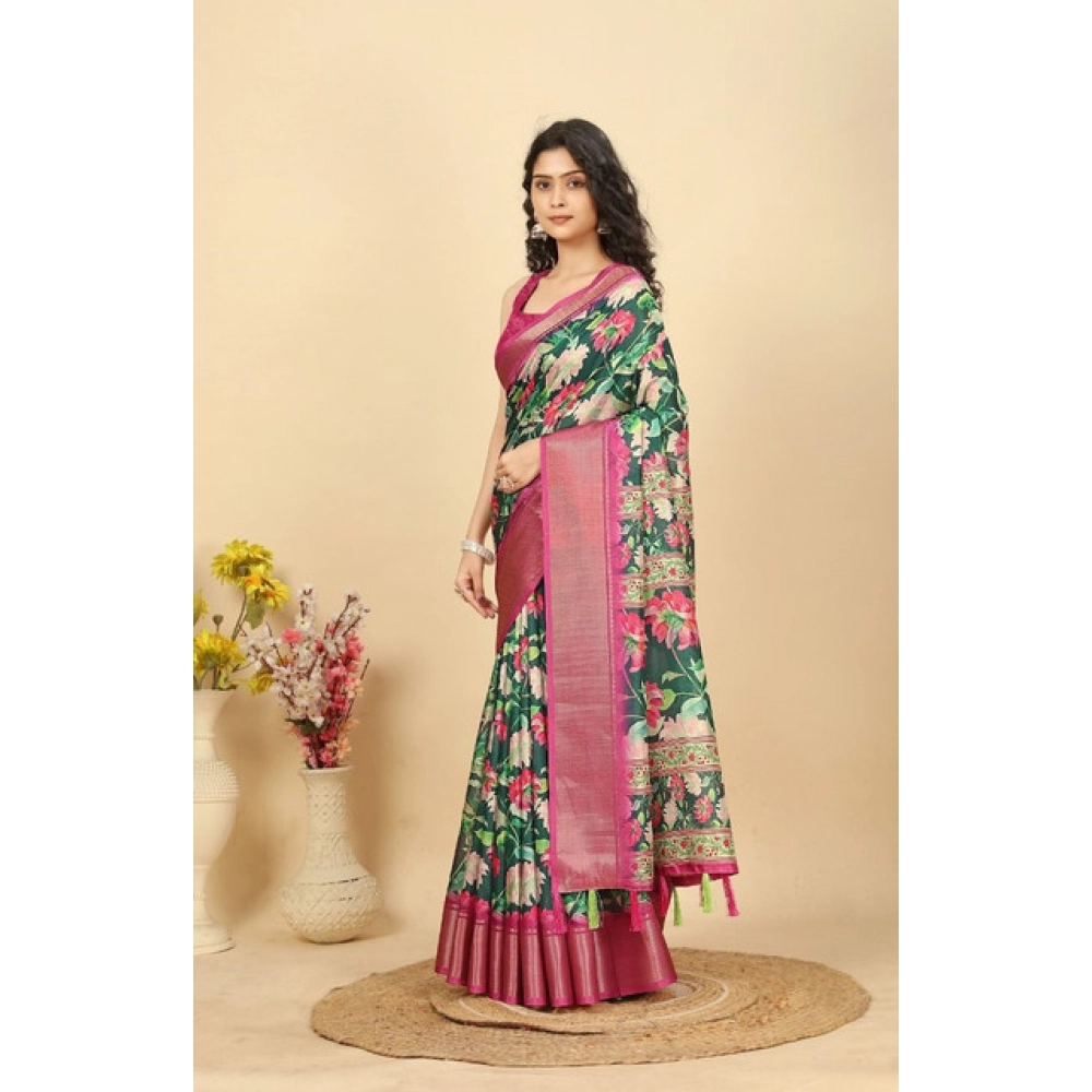Women's Cotton Silk Floral Printed Saree With Unstitched Blouse 5.5Mtr (Green) - Image 3