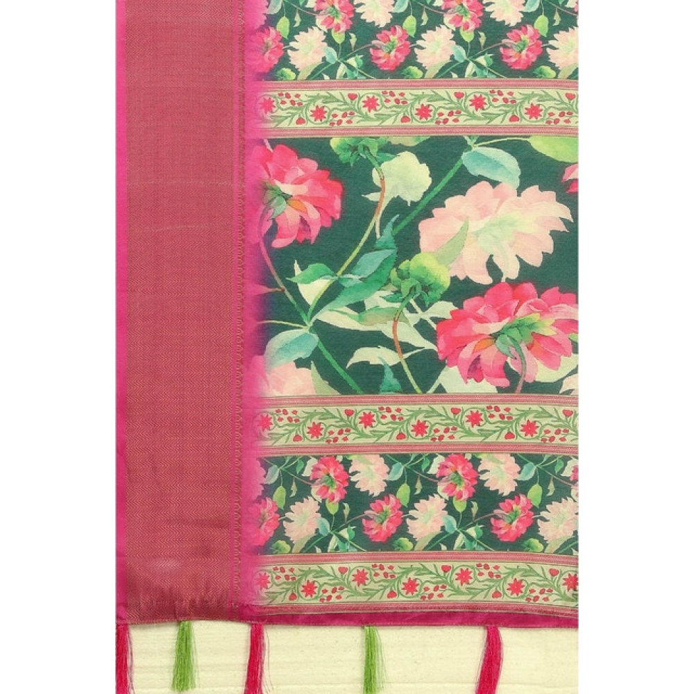 Women's Cotton Silk Floral Printed Saree With Unstitched Blouse 5.5Mtr (Green) - Image 2
