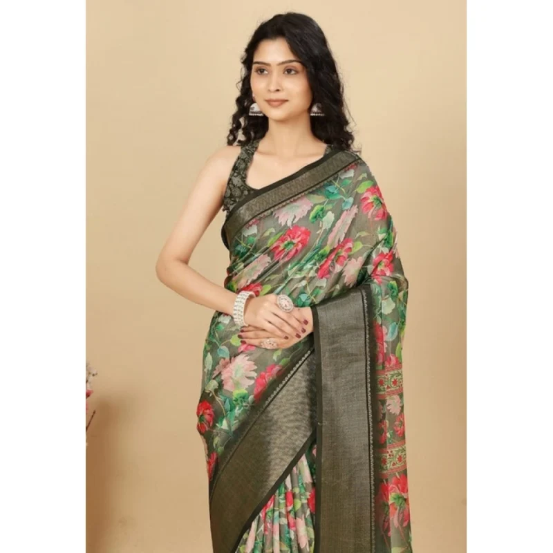 Women's Cotton Silk Floral Printed Saree With Unstitched Blouse 5.5Mtr (Grey)