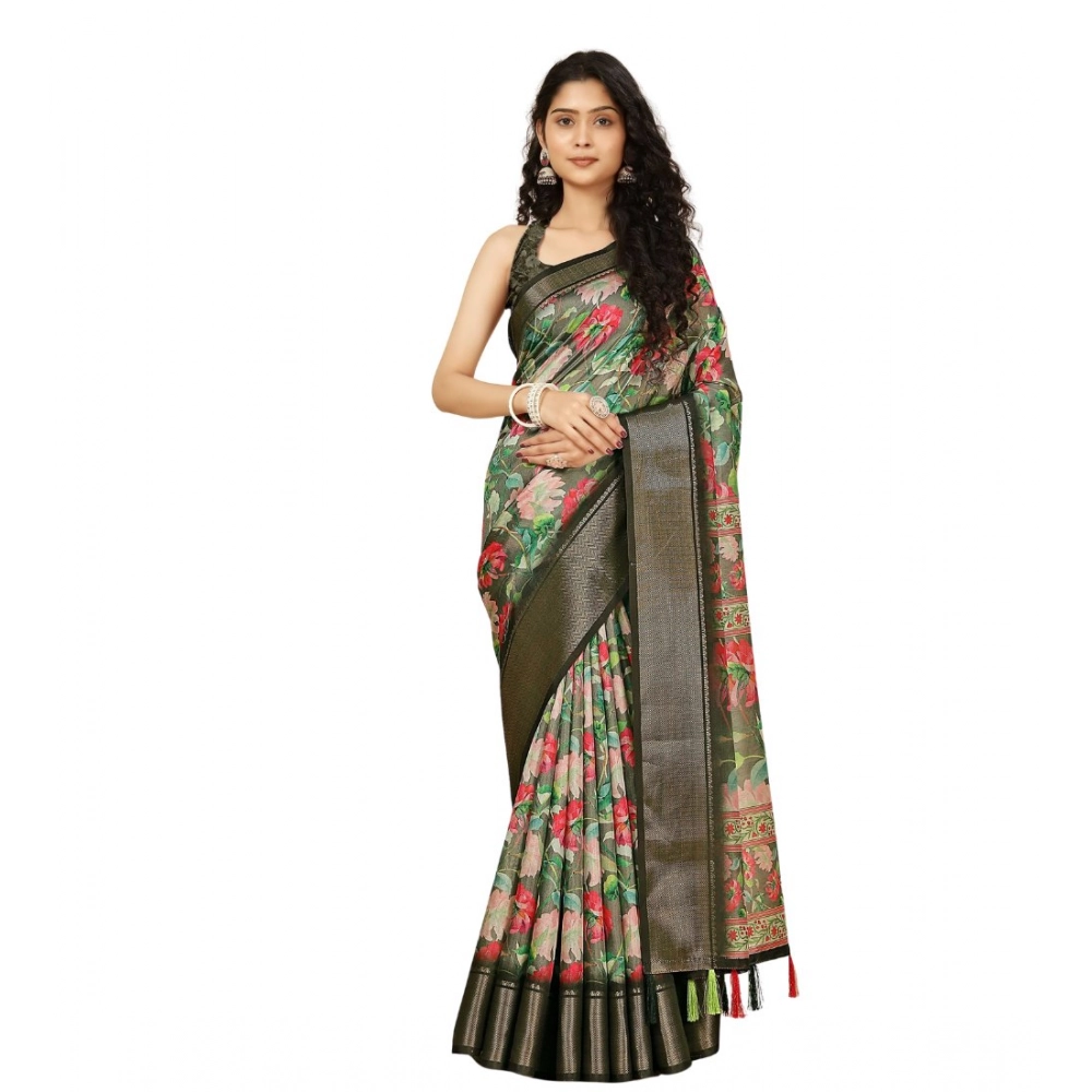 Women's Cotton Silk Floral Printed Saree With Unstitched Blouse 5.5Mtr (Grey) - Image 7