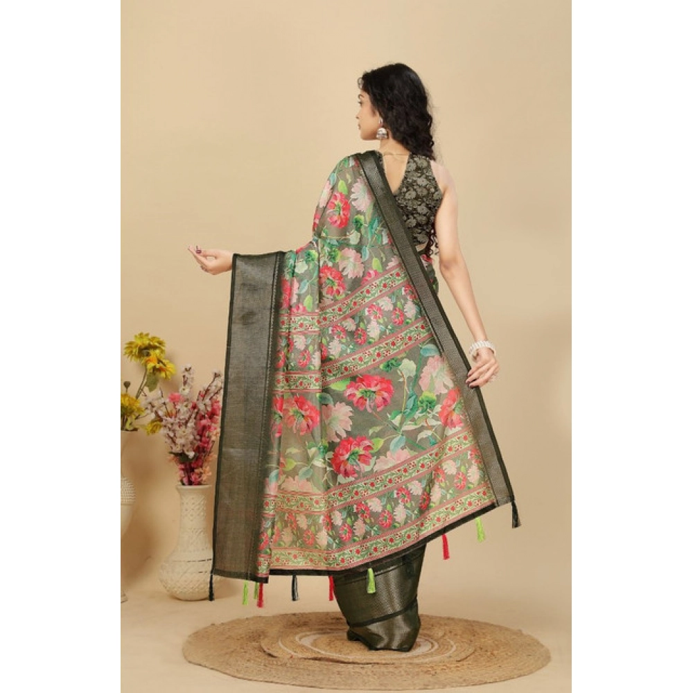 Women's Cotton Silk Floral Printed Saree With Unstitched Blouse 5.5Mtr (Grey) - Image 6
