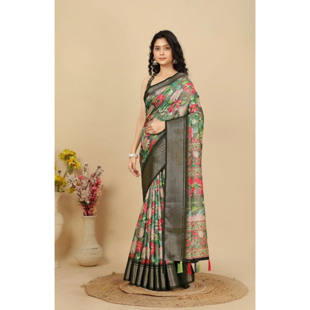 Women's Cotton Silk Floral Printed Saree With Unstitched Blouse 5.5Mtr (Grey) - Image 5