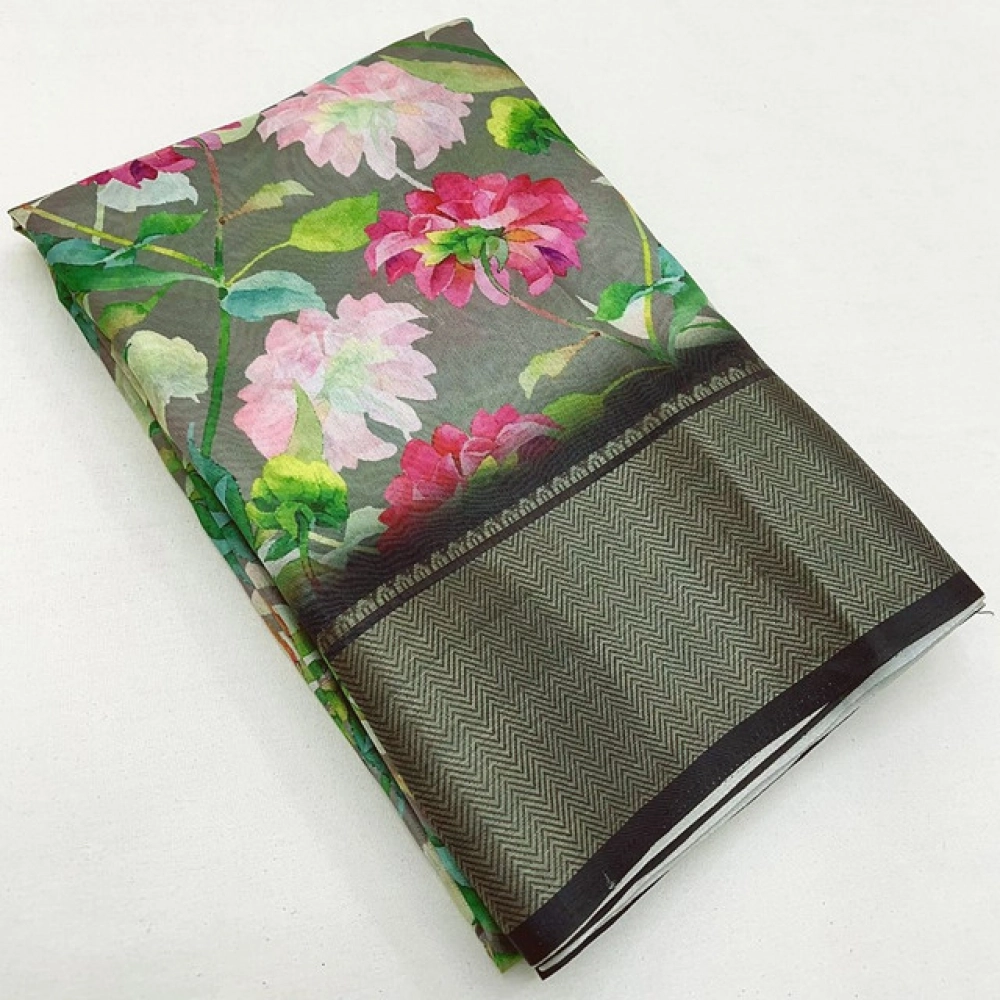 Women's Cotton Silk Floral Printed Saree With Unstitched Blouse 5.5Mtr (Grey) - Image 3