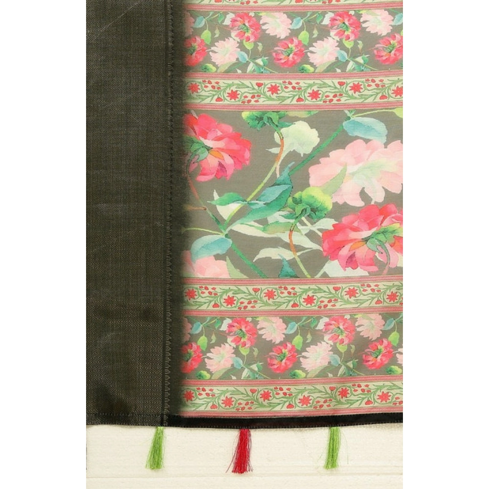 Women's Cotton Silk Floral Printed Saree With Unstitched Blouse 5.5Mtr (Grey) - Image 2