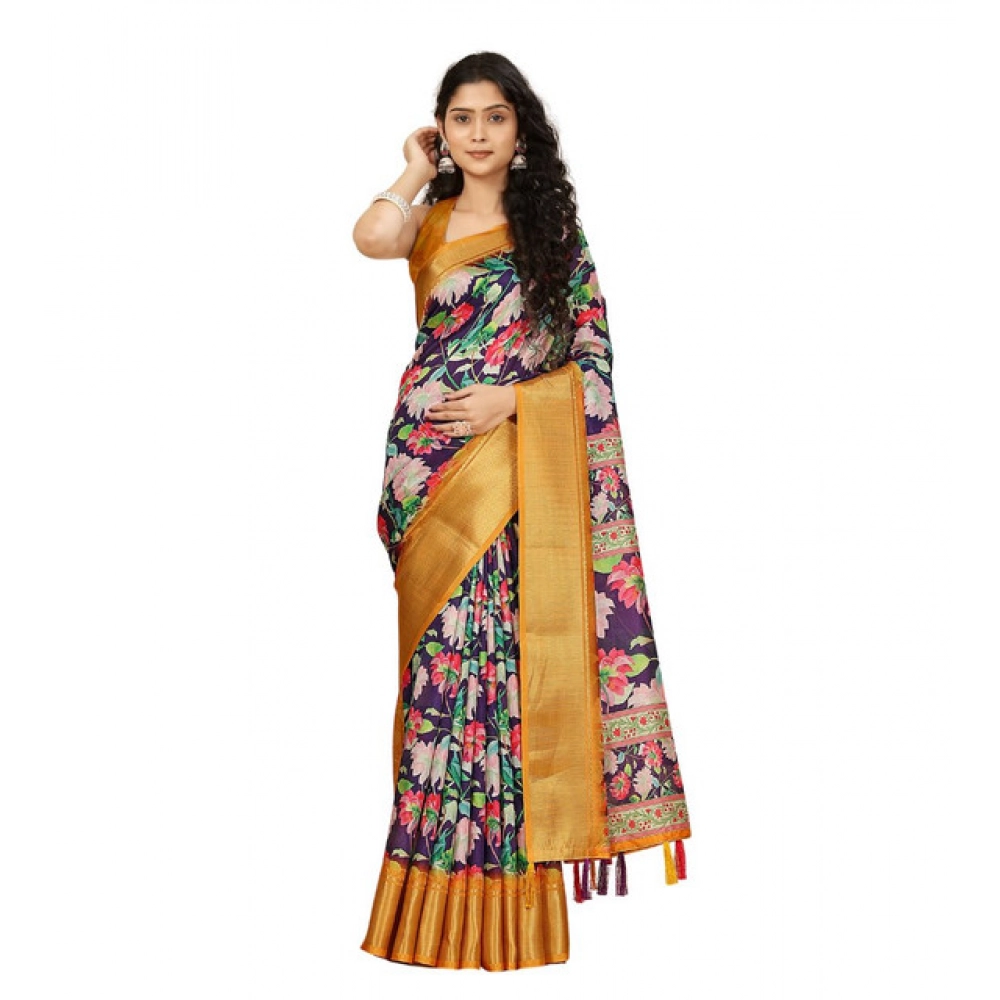 Women's Cotton Silk Floral Printed Saree With Unstitched Blouse 5.5Mtr (Purple) - Image 7