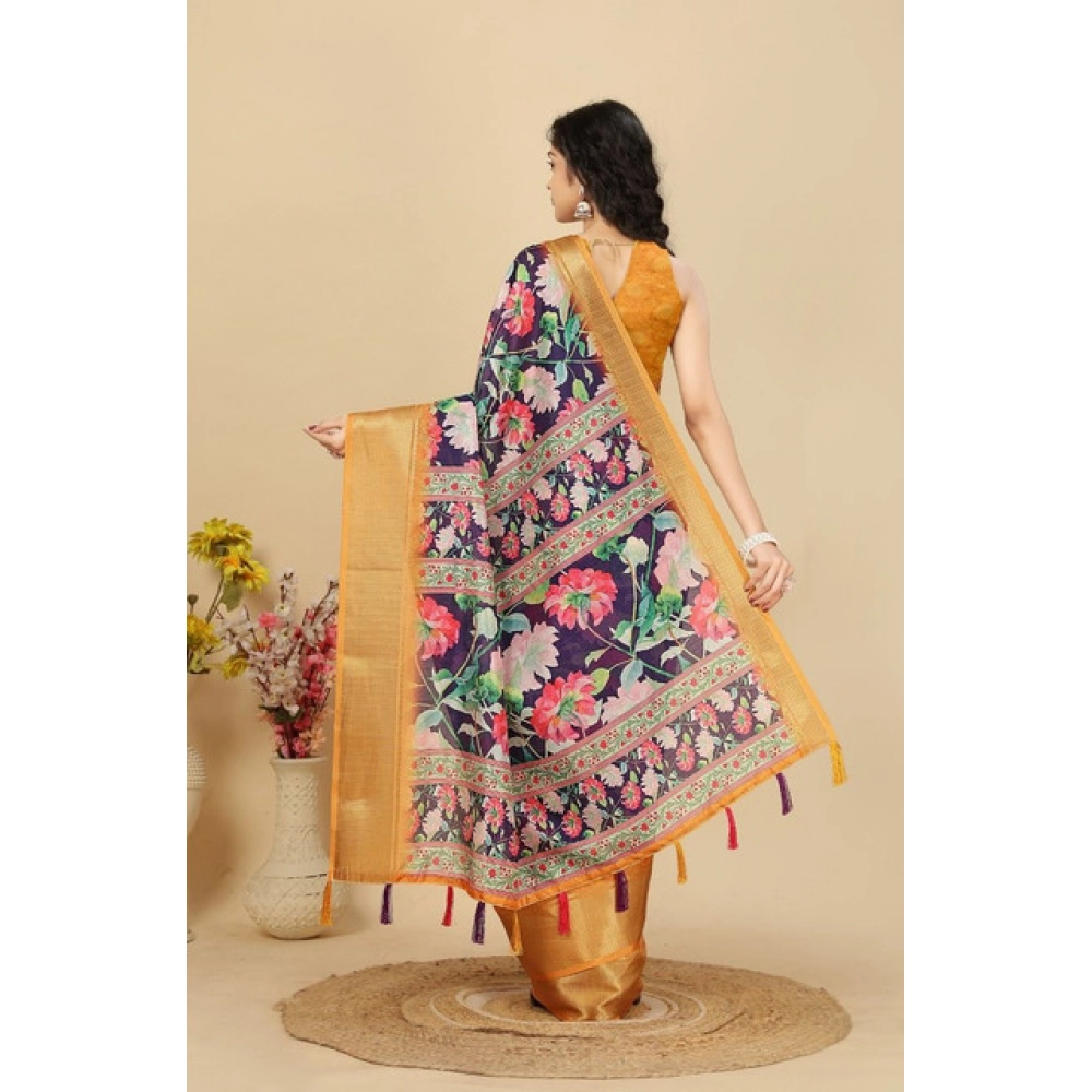 Women's Cotton Silk Floral Printed Saree With Unstitched Blouse 5.5Mtr (Purple) - Image 6