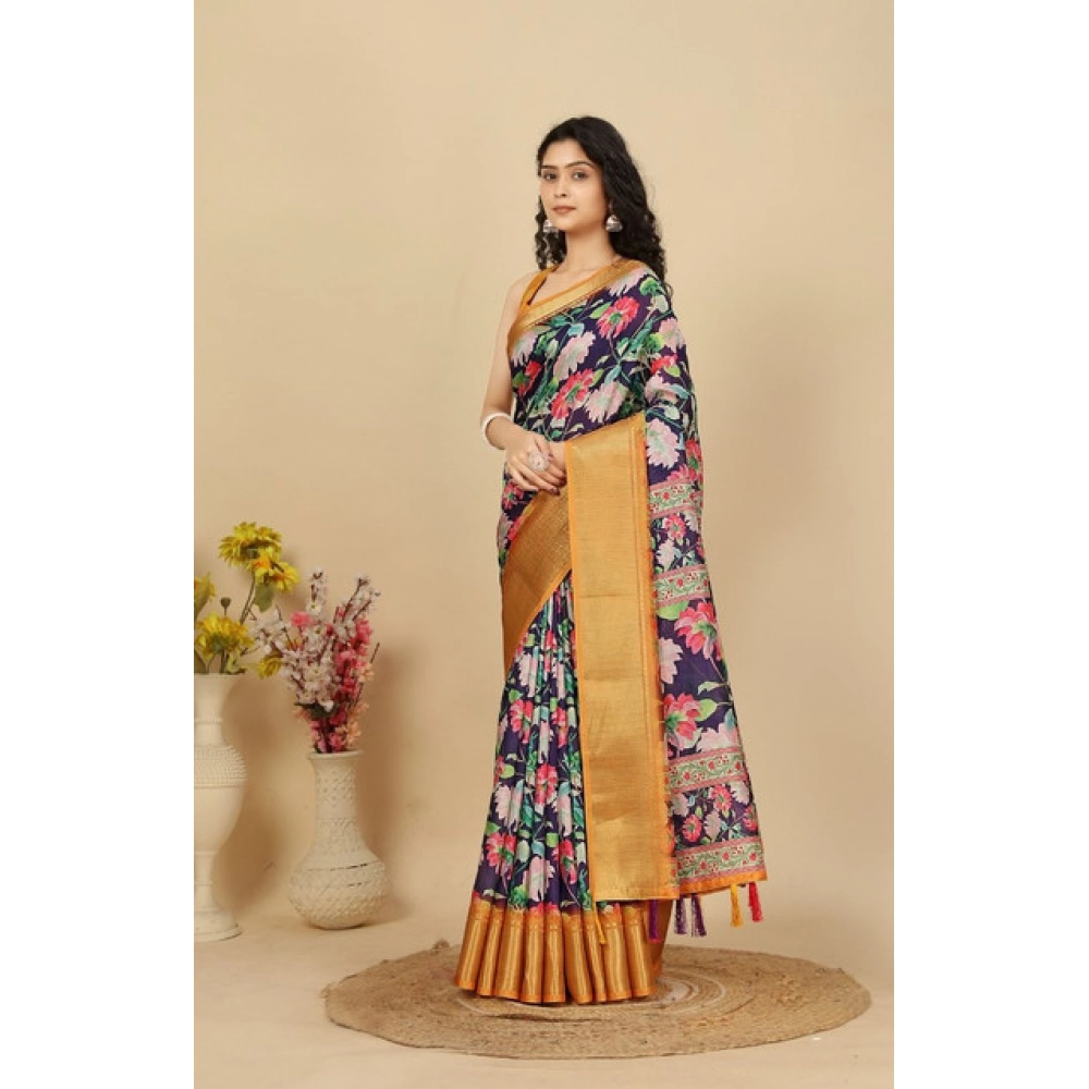 Women's Cotton Silk Floral Printed Saree With Unstitched Blouse 5.5Mtr (Purple) - Image 5