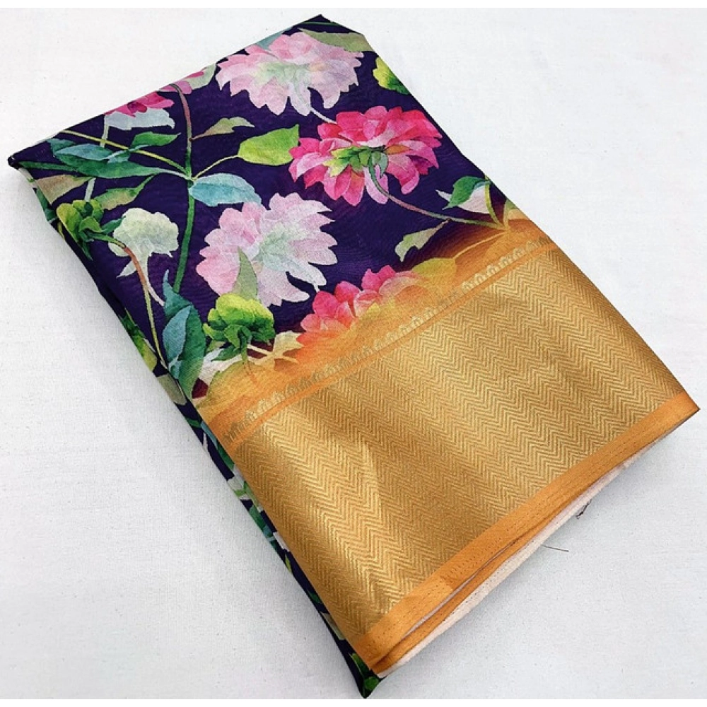 Women's Cotton Silk Floral Printed Saree With Unstitched Blouse 5.5Mtr (Purple) - Image 3