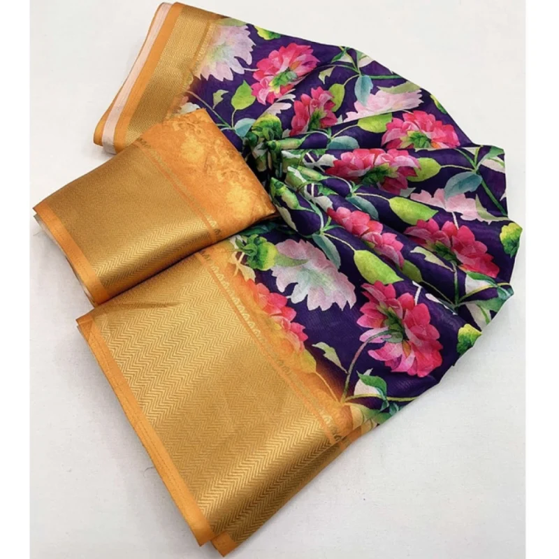 Alternative view of Women's Cotton Silk Floral Printed Saree With Unstitched Blouse 5.5Mtr (Purple)
