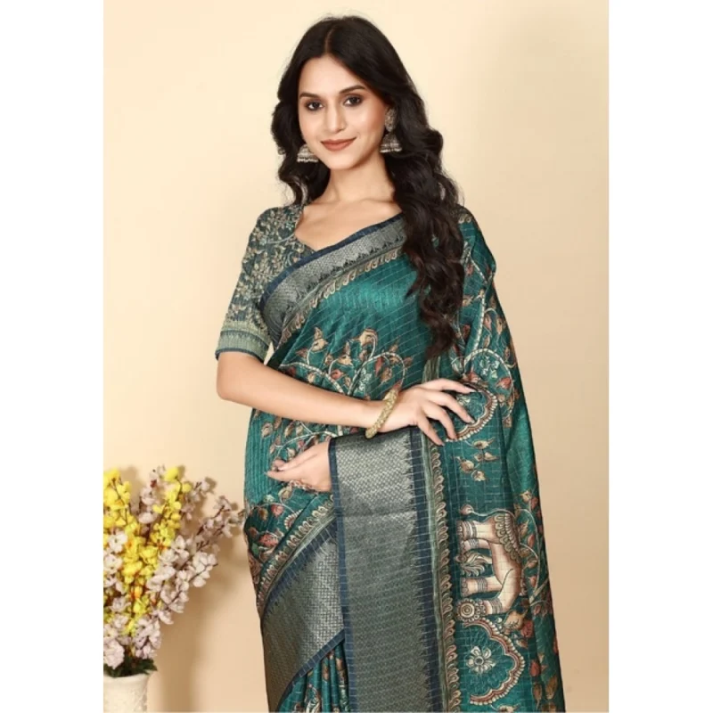 Women's Cotton Silk Printed Saree With Unstitched Blouse 5.5Mtr (Teal)