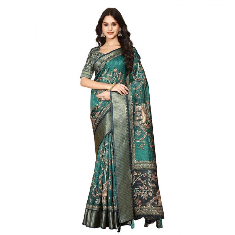 Women's Cotton Silk Printed Saree With Unstitched Blouse 5.5Mtr (Teal) - Image 7