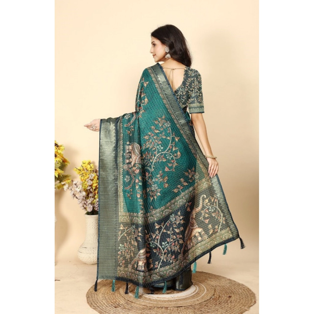 Women's Cotton Silk Printed Saree With Unstitched Blouse 5.5Mtr (Teal) - Image 6