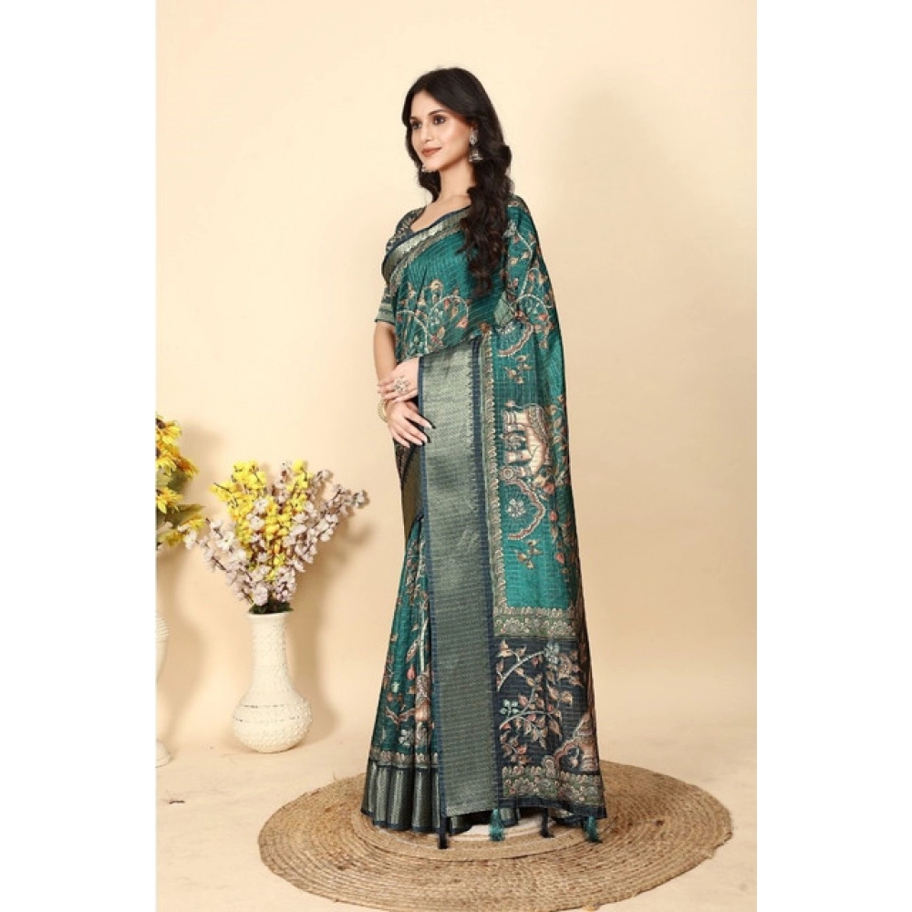 Women's Cotton Silk Printed Saree With Unstitched Blouse 5.5Mtr (Teal) - Image 5