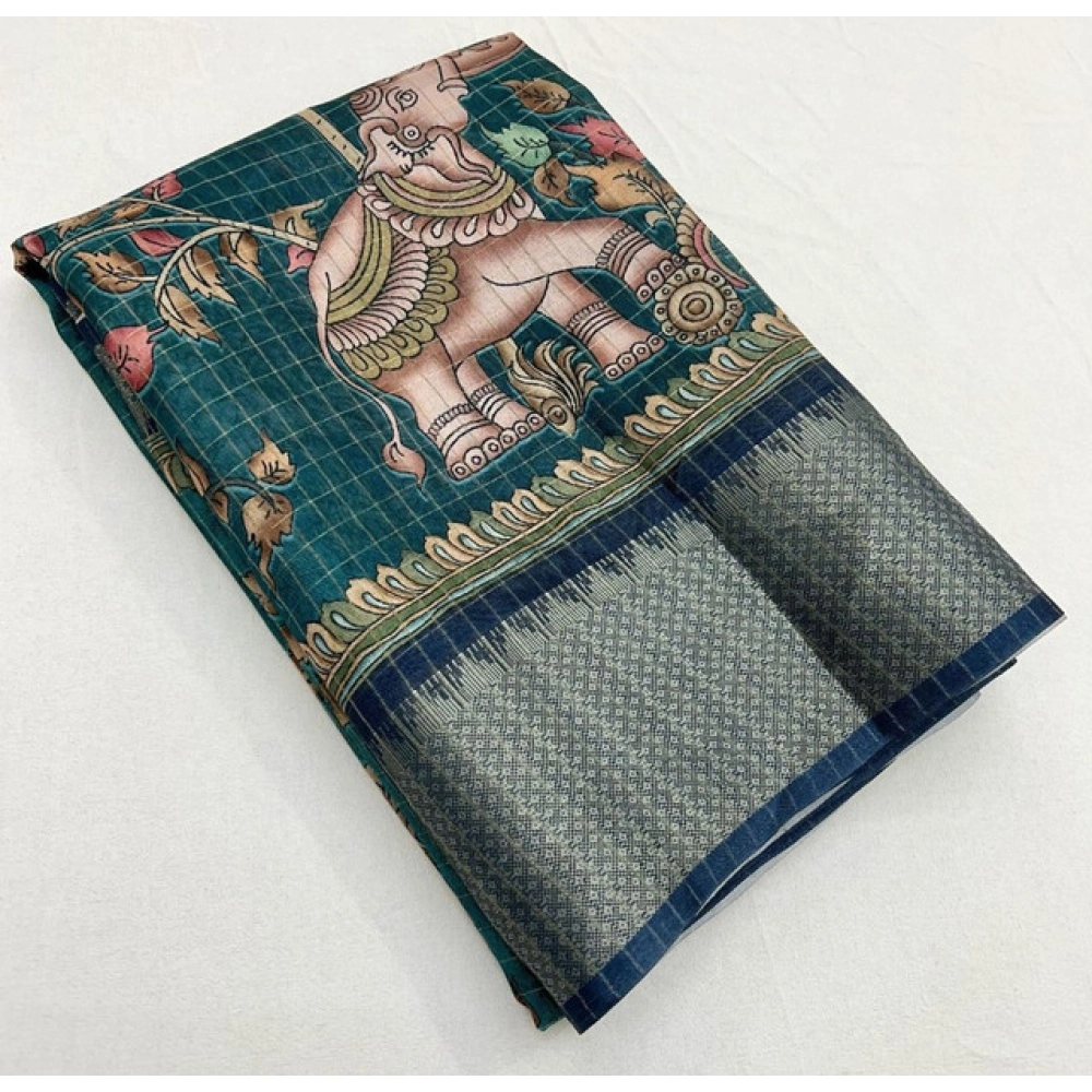 Women's Cotton Silk Printed Saree With Unstitched Blouse 5.5Mtr (Teal) - Image 3