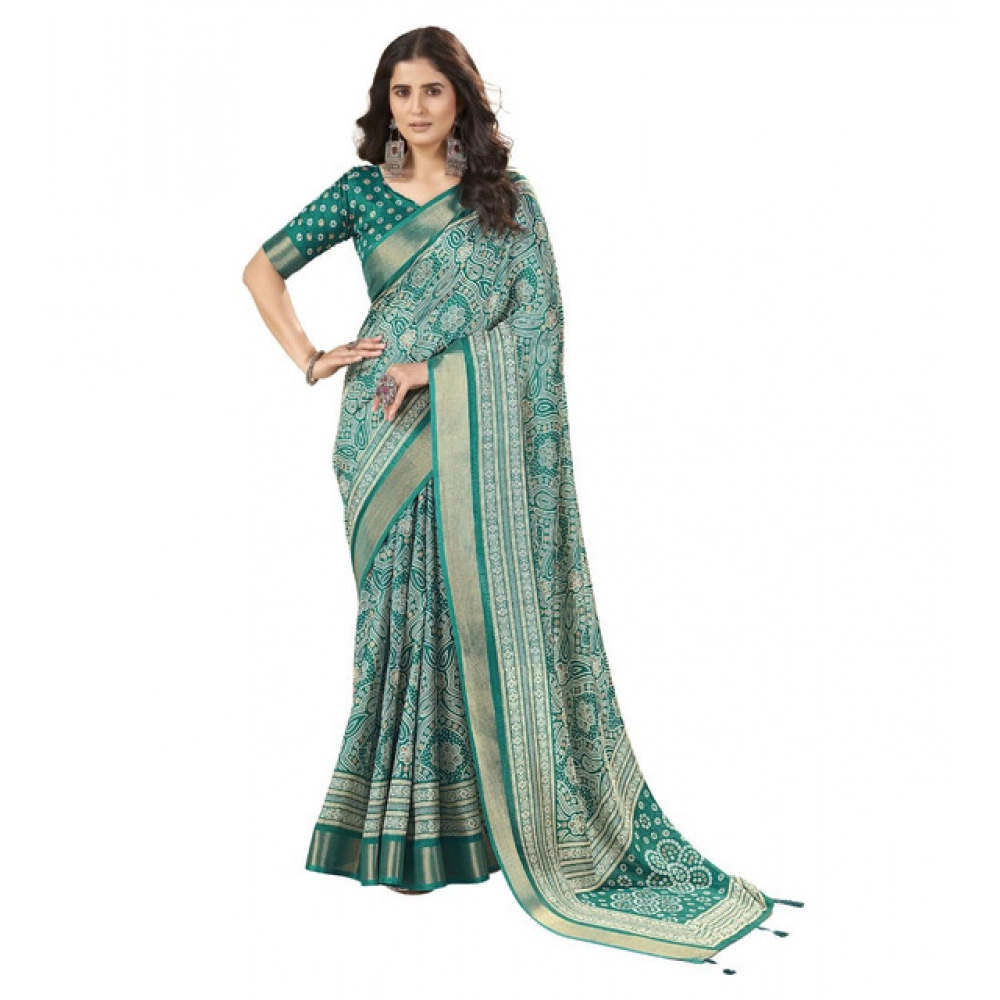 Women's Cotton Silk Floral Printed Saree With Unstitched Blouse 5.5Mtr (Teal) - Image 6