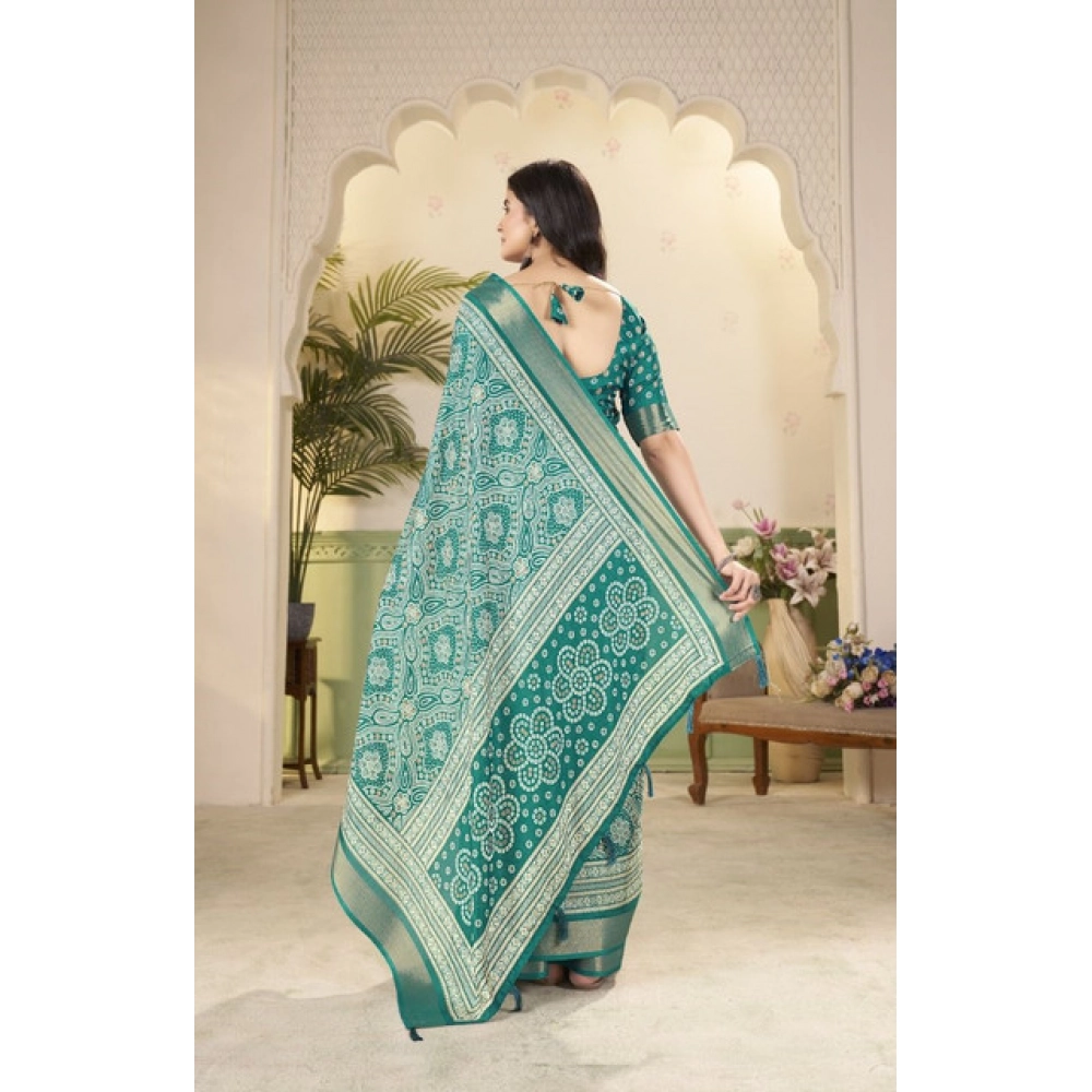 Women's Cotton Silk Floral Printed Saree With Unstitched Blouse 5.5Mtr (Teal) - Image 5