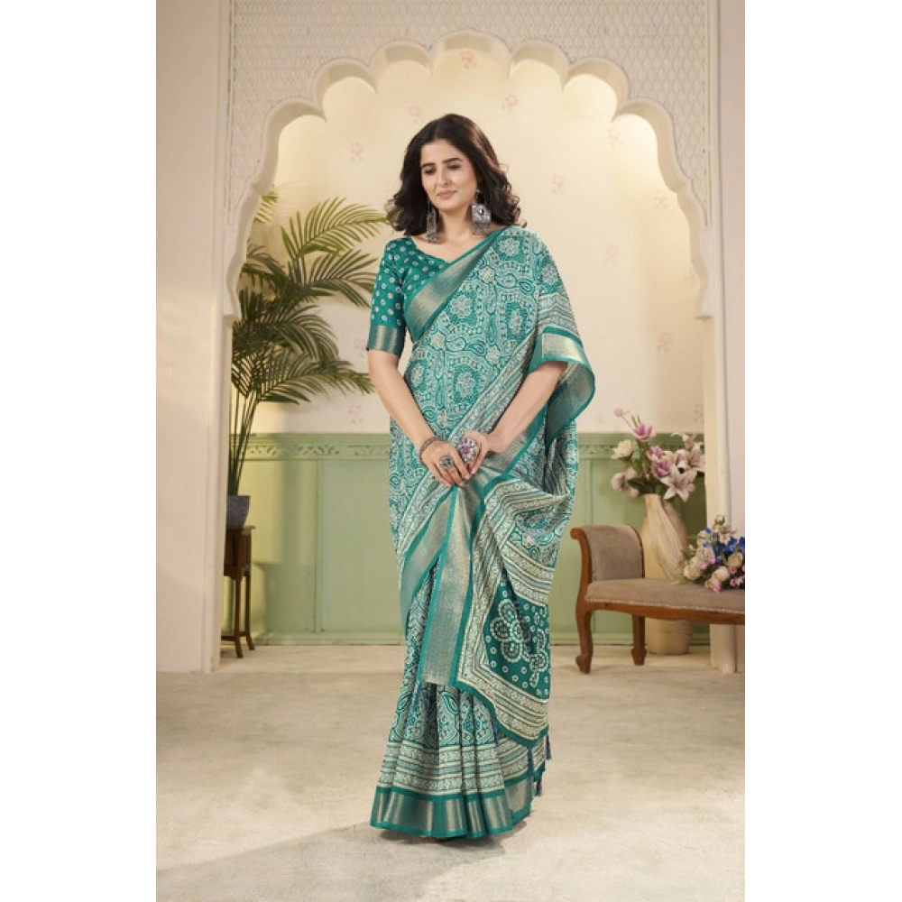 Women's Cotton Silk Floral Printed Saree With Unstitched Blouse 5.5Mtr (Teal) - Image 4