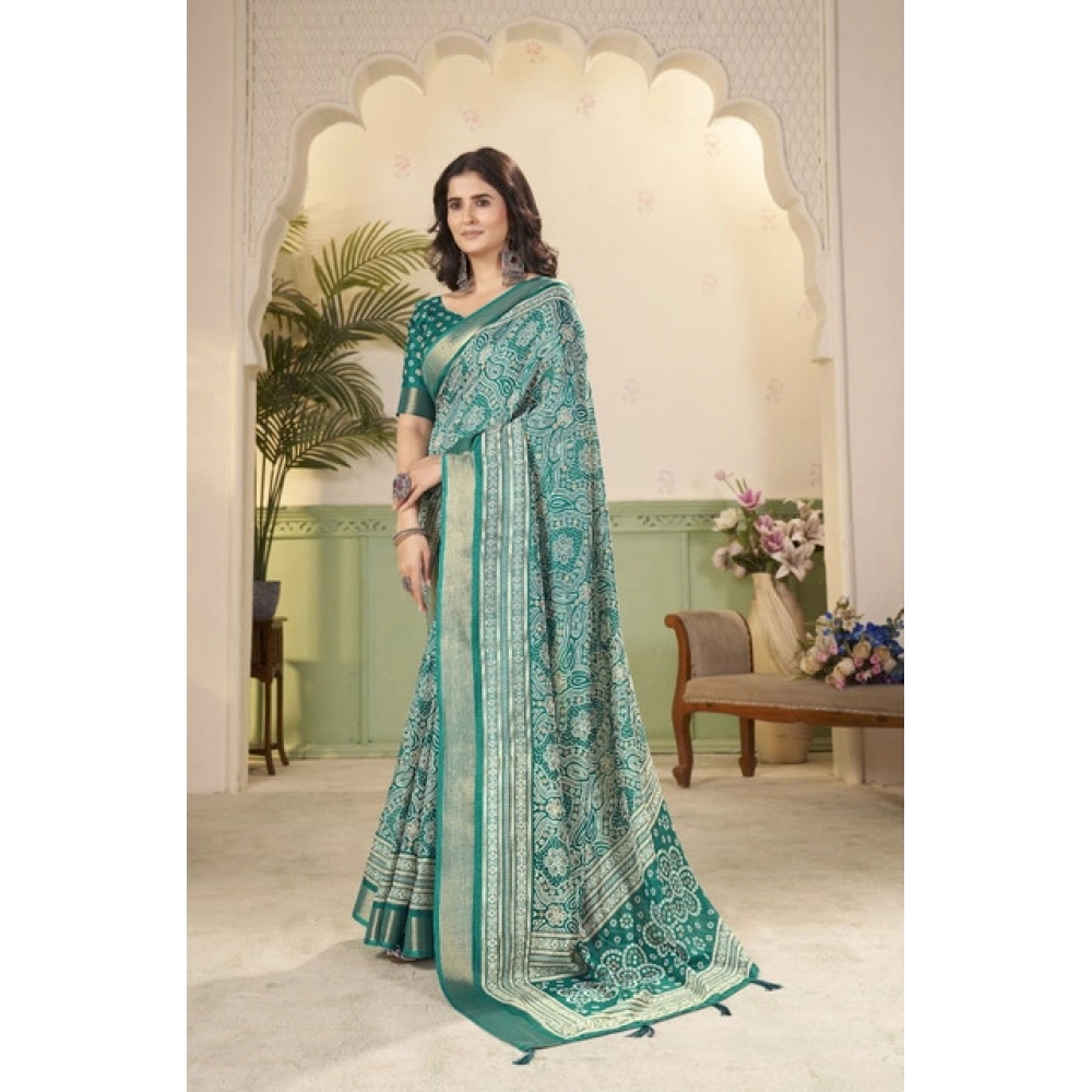 Women's Cotton Silk Floral Printed Saree With Unstitched Blouse 5.5Mtr (Teal) - Image 3