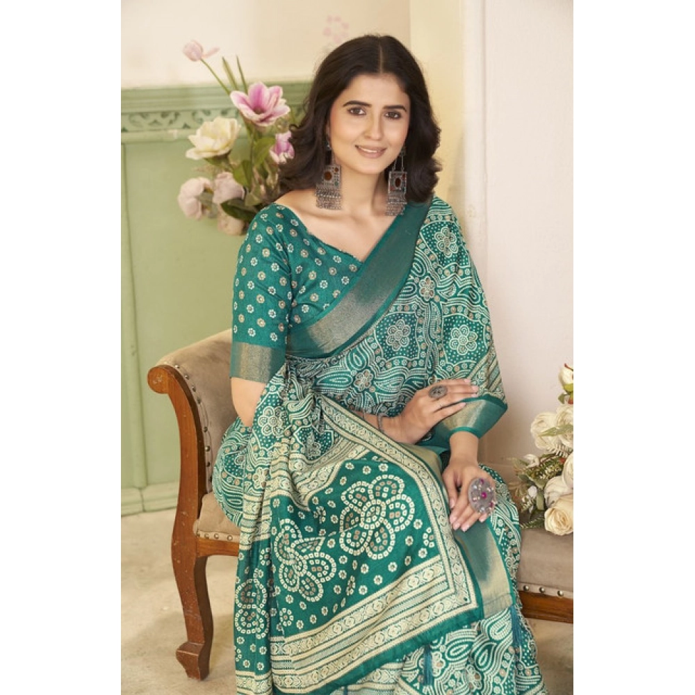 Women's Cotton Silk Floral Printed Saree With Unstitched Blouse 5.5Mtr (Teal) - Image 2