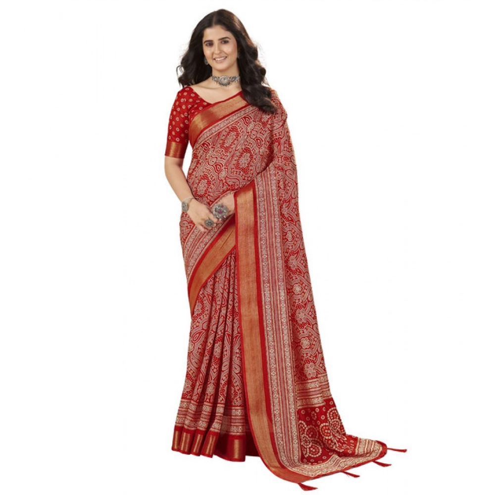 Women's Cotton Silk Floral Printed Saree With Unstitched Blouse 5.5Mtr (Red) - Image 6