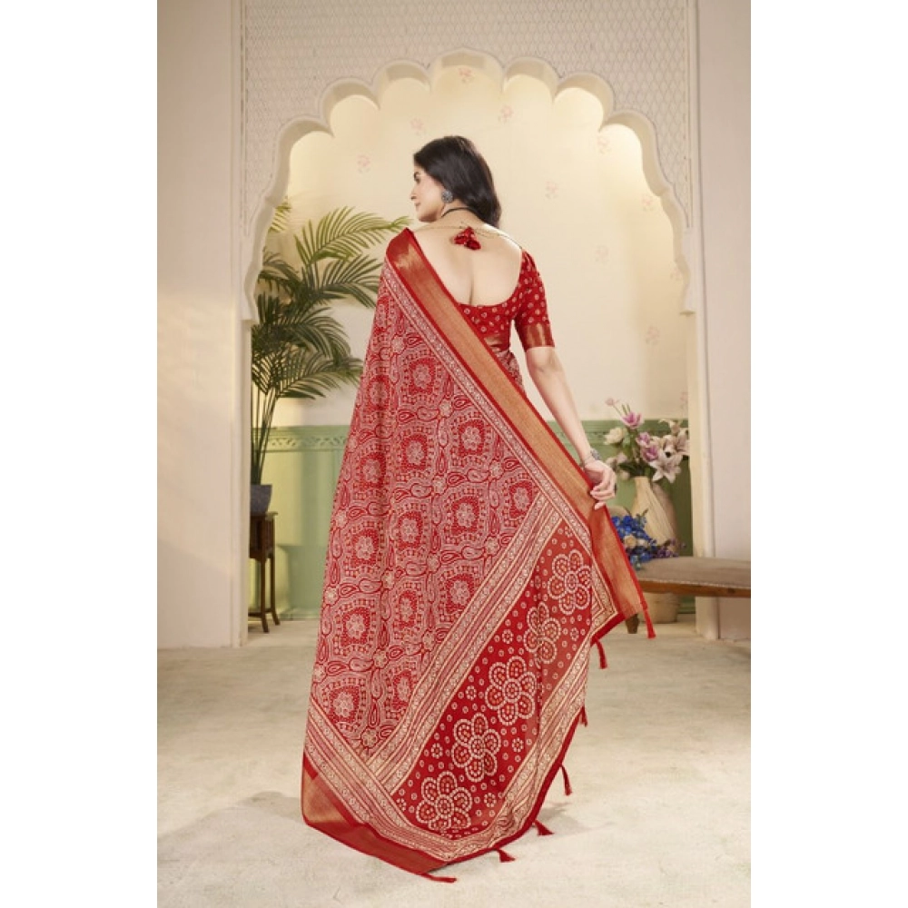 Women's Cotton Silk Floral Printed Saree With Unstitched Blouse 5.5Mtr (Red) - Image 5