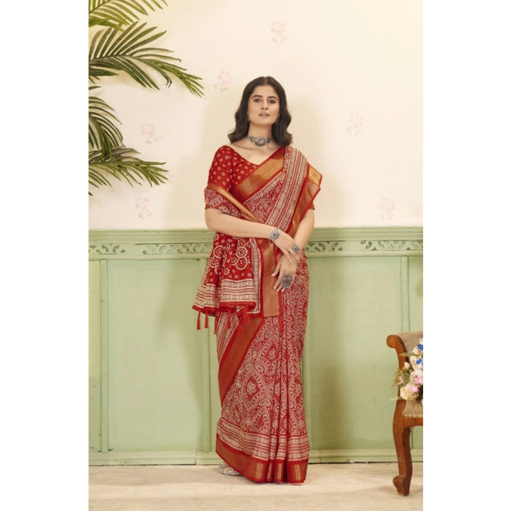 Women's Cotton Silk Floral Printed Saree With Unstitched Blouse 5.5Mtr (Red) - Image 4