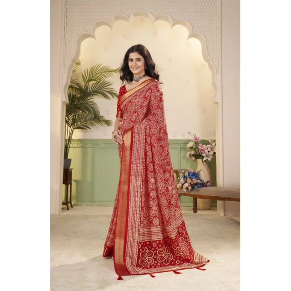 Women's Cotton Silk Floral Printed Saree With Unstitched Blouse 5.5Mtr (Red) - Image 3