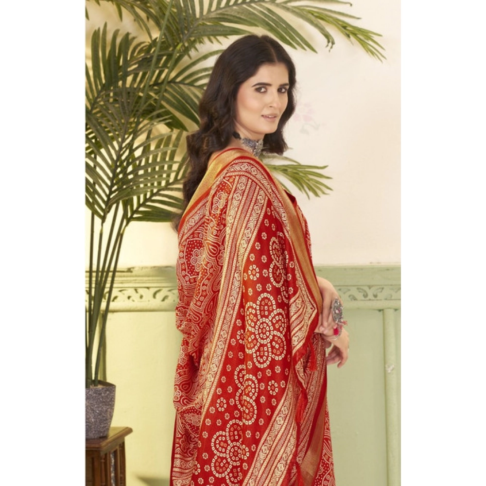 Women's Cotton Silk Floral Printed Saree With Unstitched Blouse 5.5Mtr (Red) - Image 2