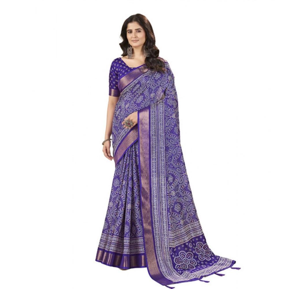 Women's Cotton Silk Floral Printed Saree With Unstitched Blouse 5.5Mtr (Royal Blue) - Image 6