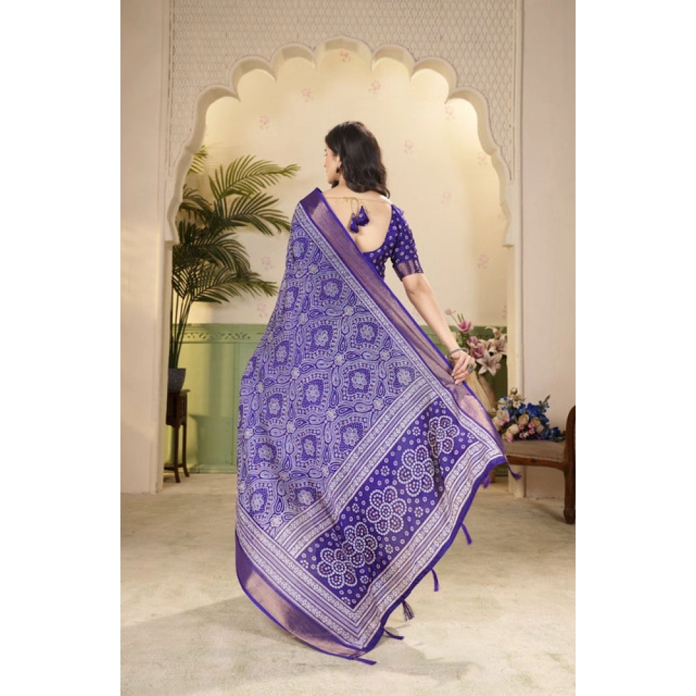 Women's Cotton Silk Floral Printed Saree With Unstitched Blouse 5.5Mtr (Royal Blue) - Image 5