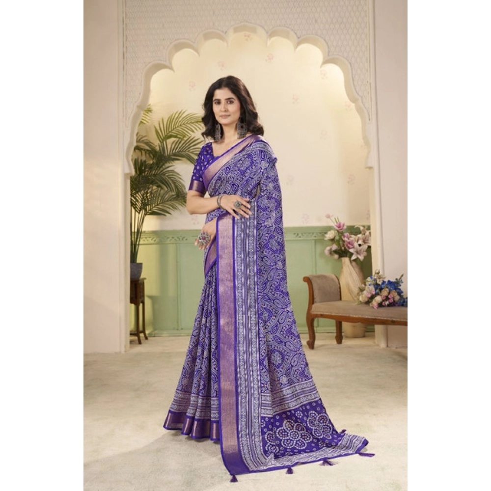 Women's Cotton Silk Floral Printed Saree With Unstitched Blouse 5.5Mtr (Royal Blue) - Image 4