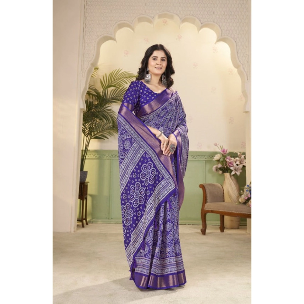 Women's Cotton Silk Floral Printed Saree With Unstitched Blouse 5.5Mtr (Royal Blue) - Image 3