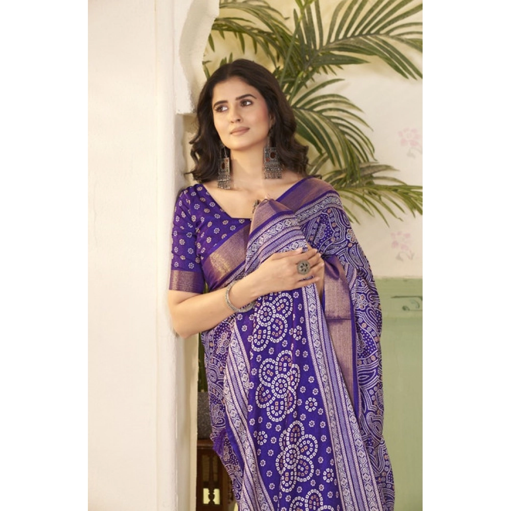Women's Cotton Silk Floral Printed Saree With Unstitched Blouse 5.5Mtr (Royal Blue) - Image 2