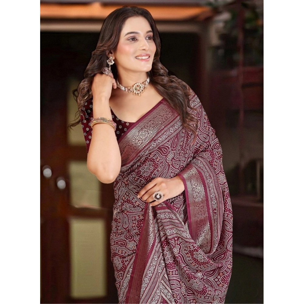 Women's Cotton Silk Floral Printed Saree With Unstitched Blouse 5.5Mtr (Maroon)
