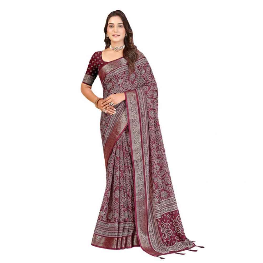 Women's Cotton Silk Floral Printed Saree With Unstitched Blouse 5.5Mtr (Maroon) - Image 6