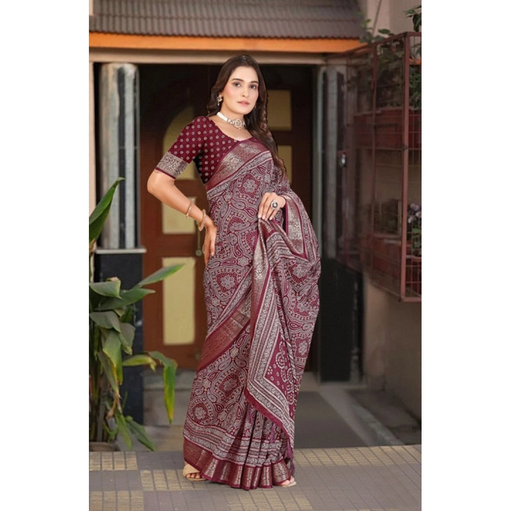 Women's Cotton Silk Floral Printed Saree With Unstitched Blouse 5.5Mtr (Maroon) - Image 5