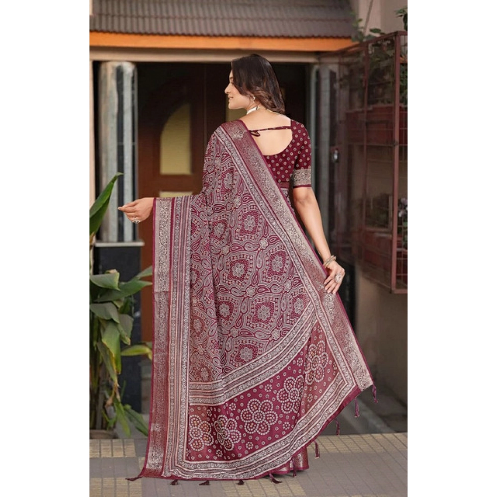 Women's Cotton Silk Floral Printed Saree With Unstitched Blouse 5.5Mtr (Maroon) - Image 4
