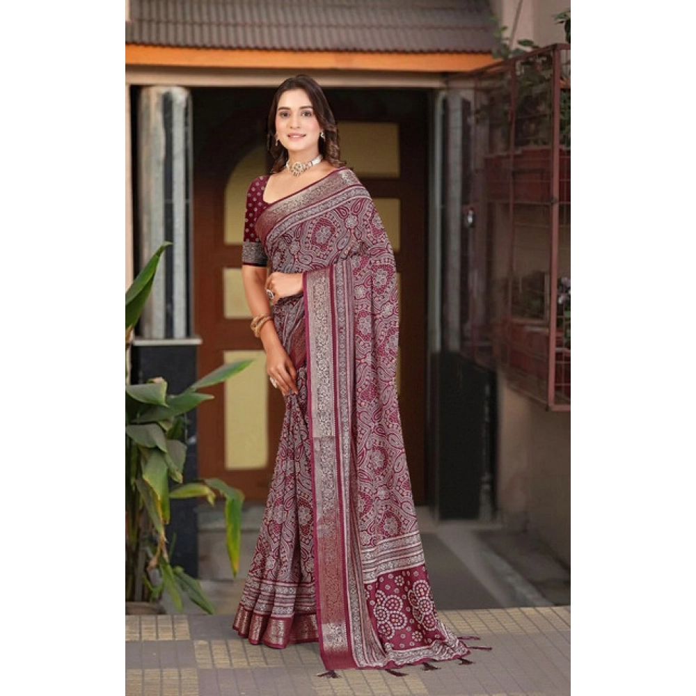 Women's Cotton Silk Floral Printed Saree With Unstitched Blouse 5.5Mtr (Maroon) - Image 3