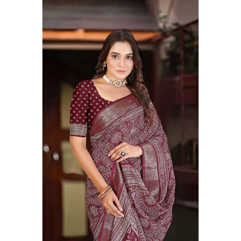 Women's Cotton Silk Floral Printed Saree With Unstitched Blouse 5.5Mtr (Maroon) - Image 2