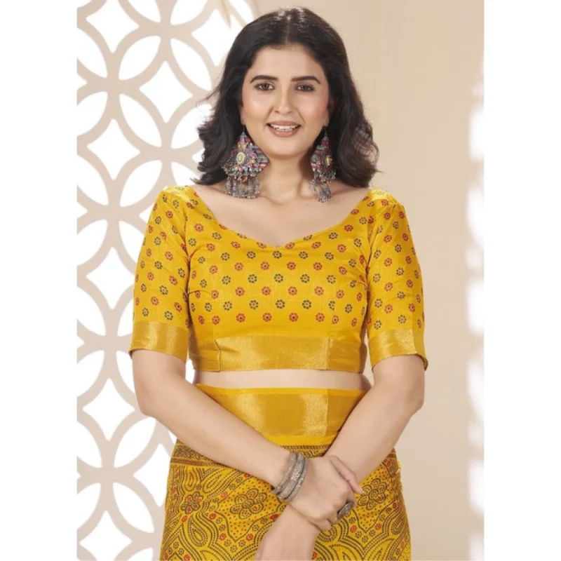 Women's Cotton Silk Floral Printed Saree With Unstitched Blouse 5.5Mtr (Yellow)