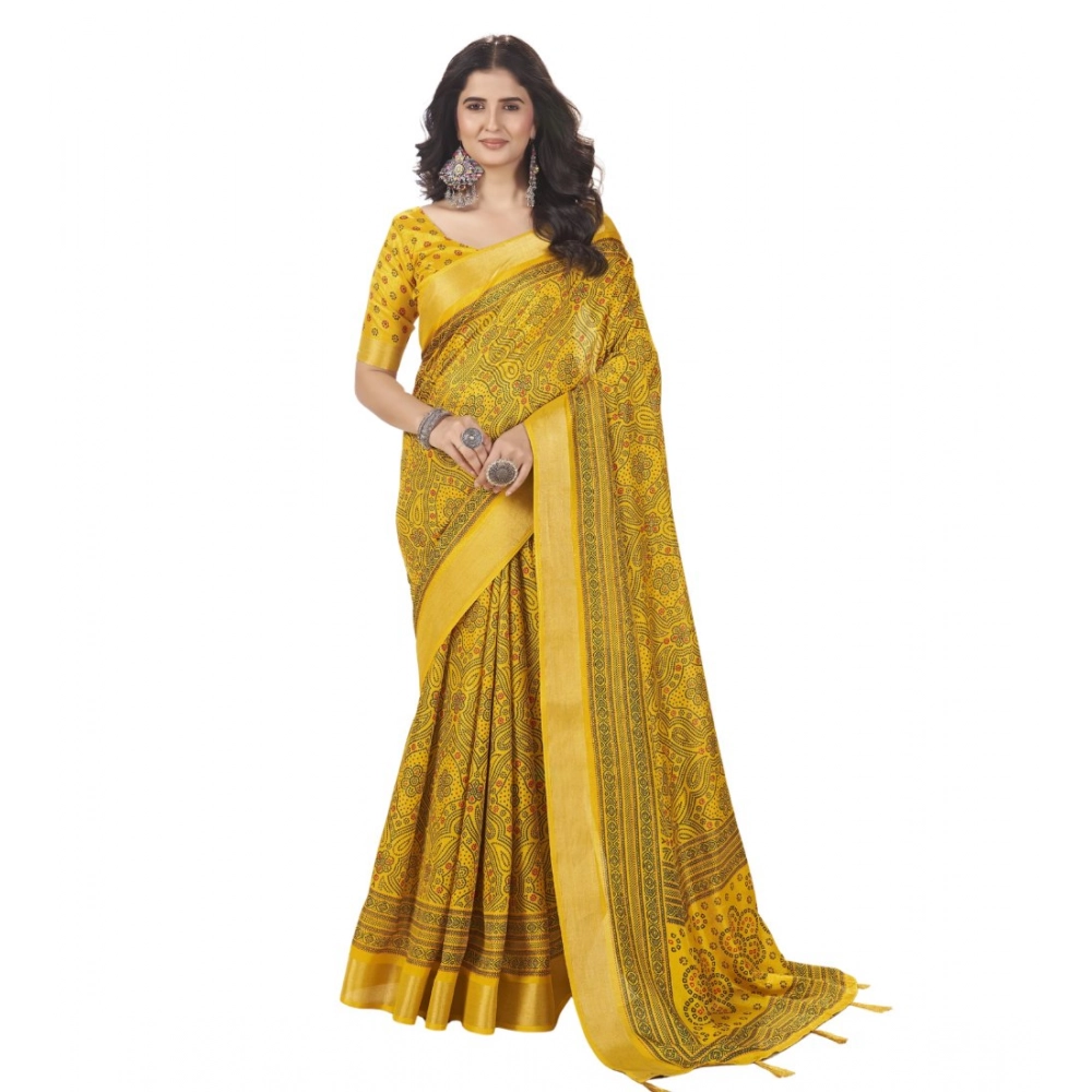 Women's Cotton Silk Floral Printed Saree With Unstitched Blouse 5.5Mtr (Yellow) - Image 6