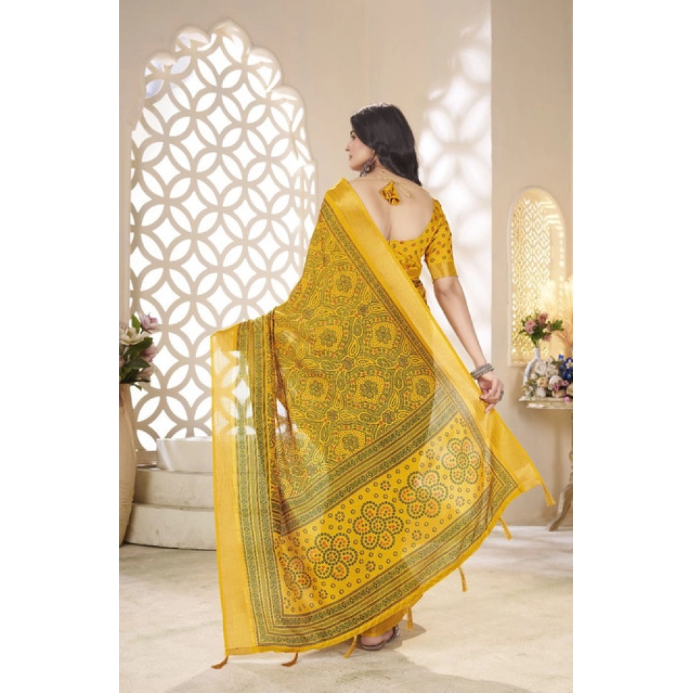 Women's Cotton Silk Floral Printed Saree With Unstitched Blouse 5.5Mtr (Yellow) - Image 5