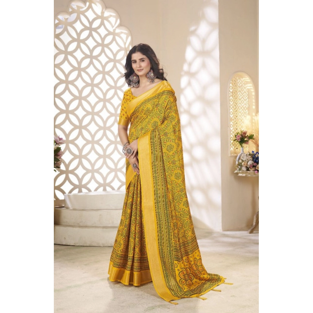 Women's Cotton Silk Floral Printed Saree With Unstitched Blouse 5.5Mtr (Yellow) - Image 4