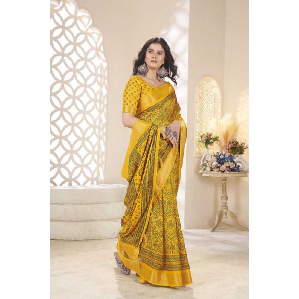 Women's Cotton Silk Floral Printed Saree With Unstitched Blouse 5.5Mtr (Yellow) - Image 3