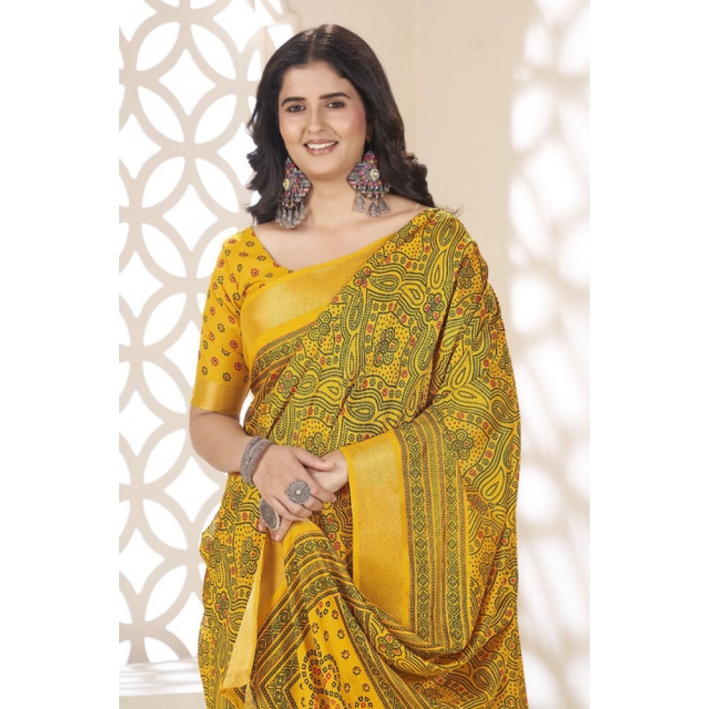 Women's Cotton Silk Floral Printed Saree With Unstitched Blouse 5.5Mtr (Yellow) - Image 2