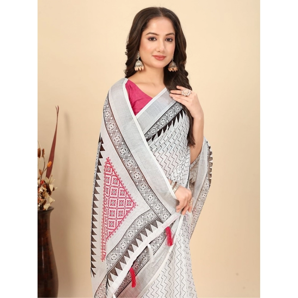 Women's Linen Printed Saree With Unstitched Blouse 5.5Mtr (Multicolor)
