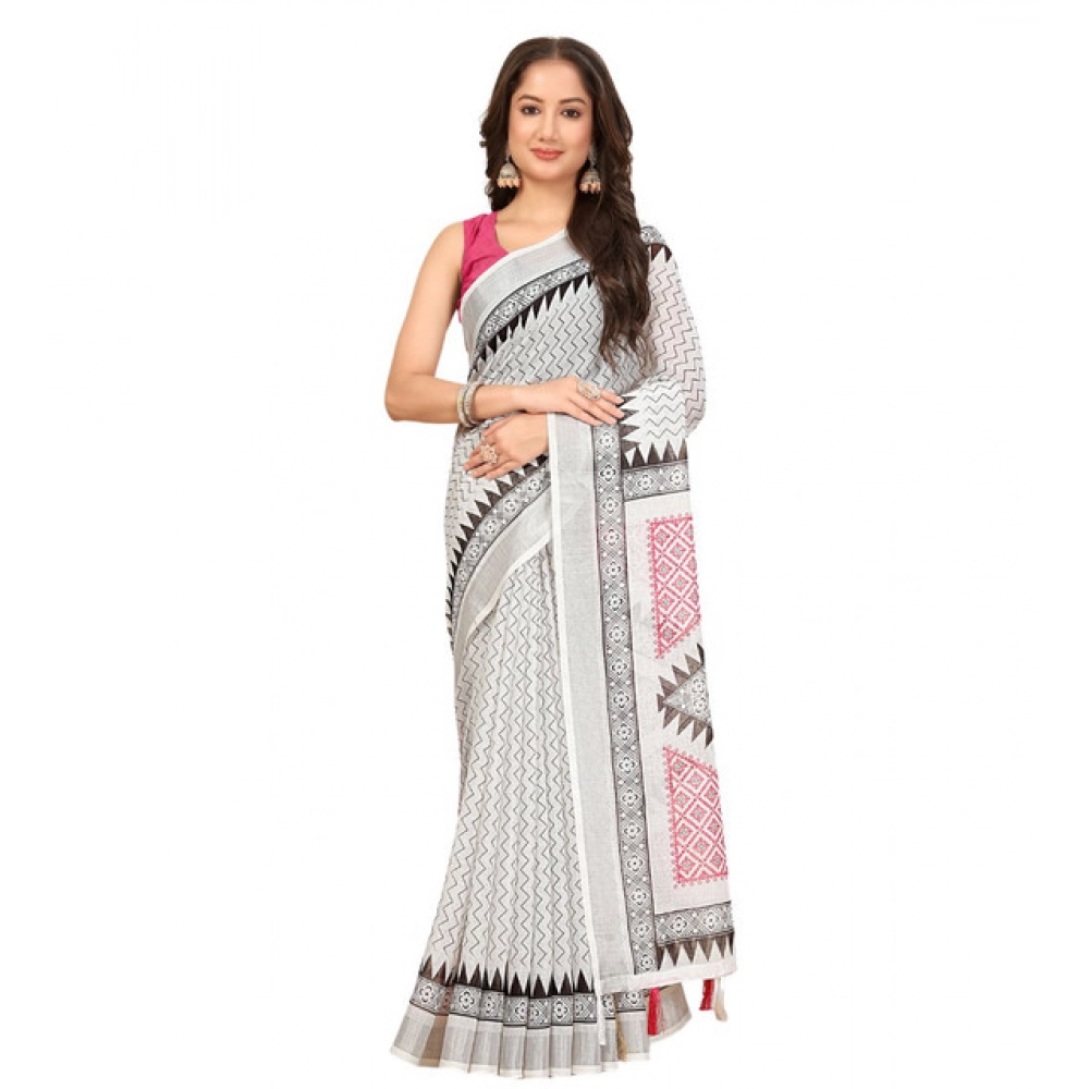 Women's Linen Printed Saree With Unstitched Blouse 5.5Mtr (Multicolor) - Image 6