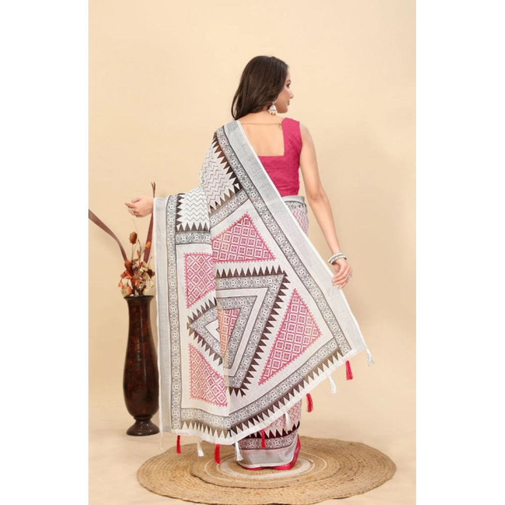 Women's Linen Printed Saree With Unstitched Blouse 5.5Mtr (Multicolor) - Image 5
