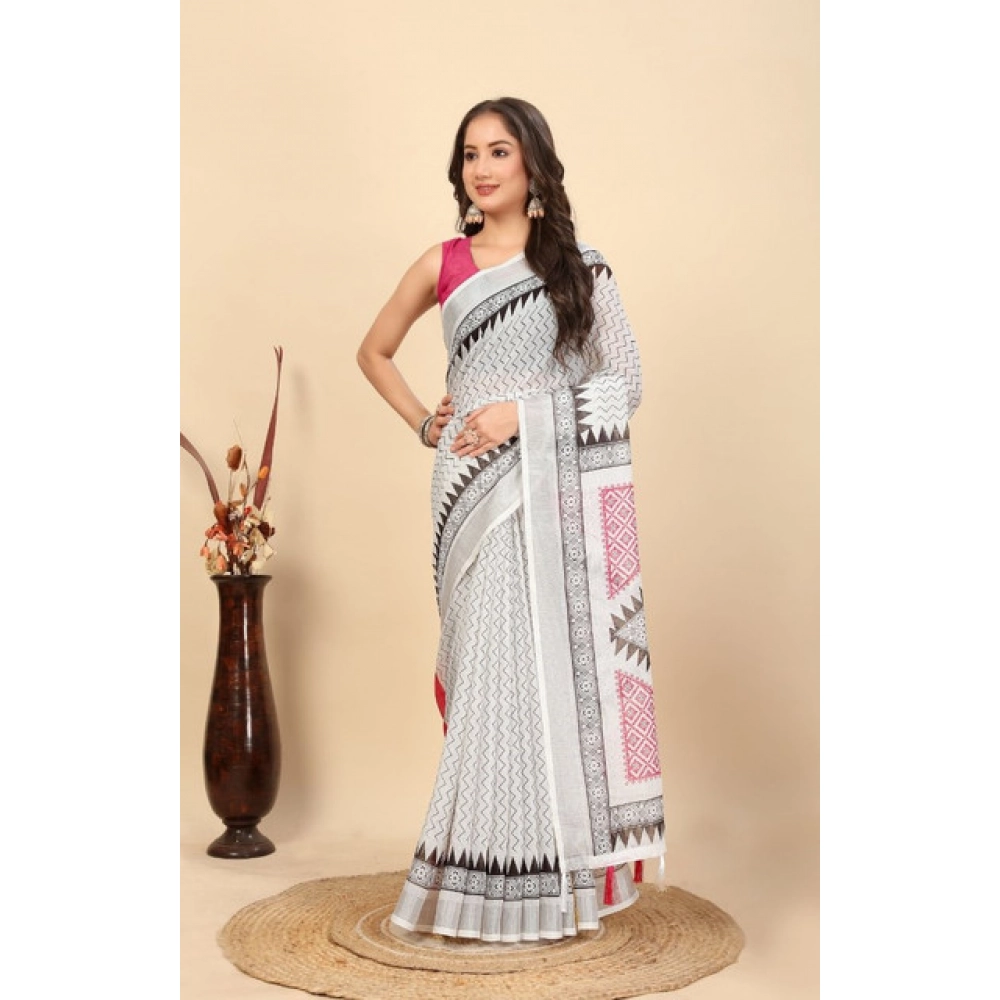 Women's Linen Printed Saree With Unstitched Blouse 5.5Mtr (Multicolor) - Image 4
